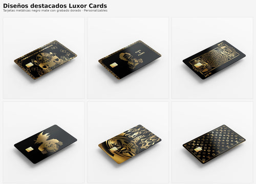 Portada con seis ejemplos de tarjetas metálicas personalizadas Luxor Cards